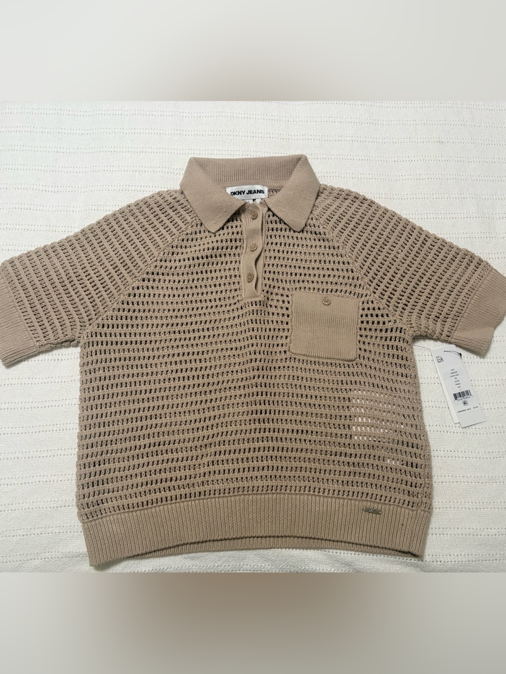 DKNY Beige Open-Knit Short Sleeve Polo Sweater